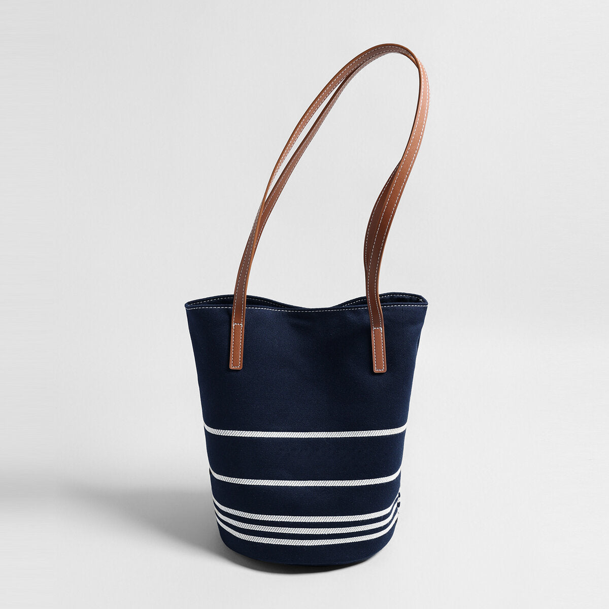 Navy Striped Canvas Bucket Tote – Nautical Shoulder Bag with Leather Straps