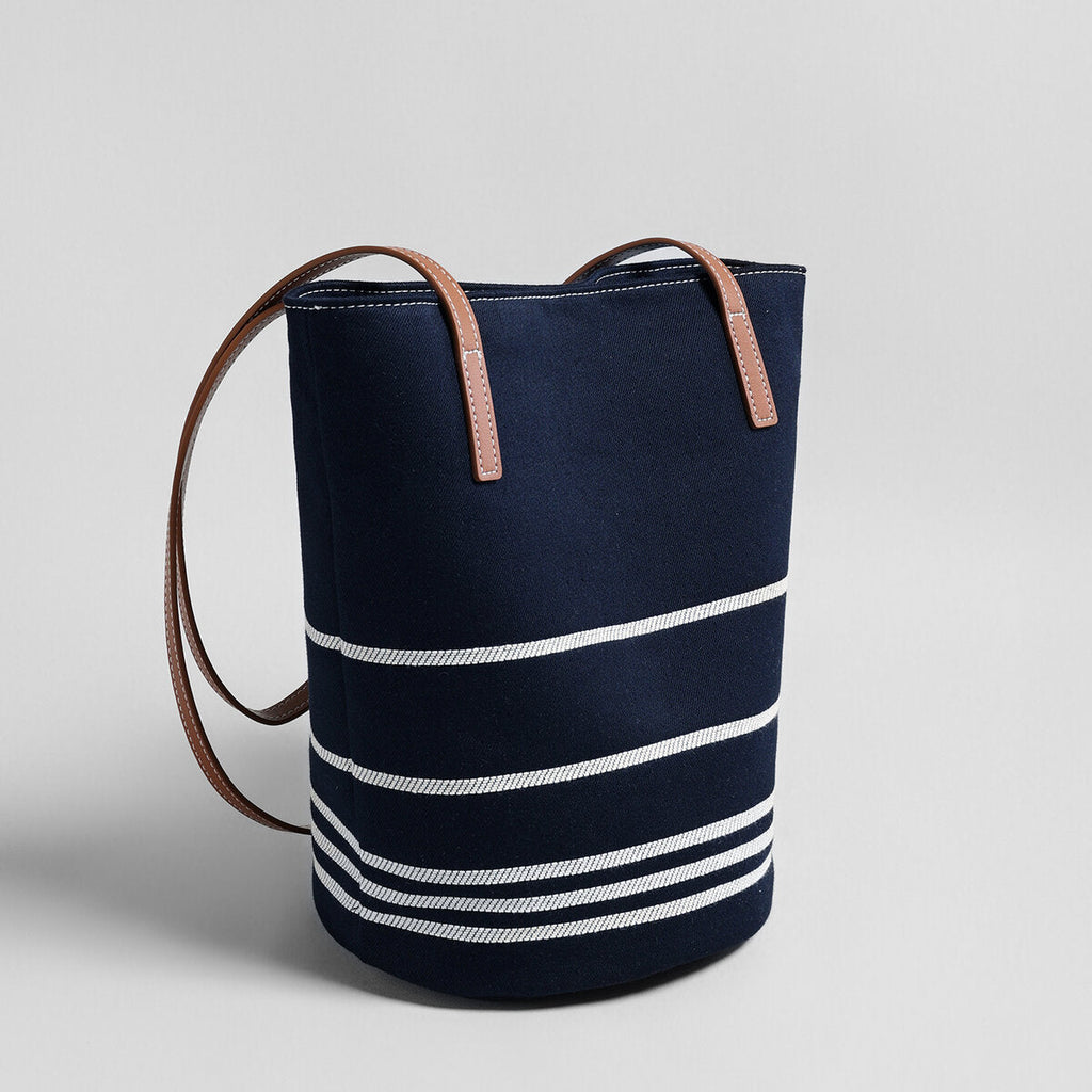 Navy Striped Canvas Bucket Tote – Nautical Shoulder Bag with Leather Straps