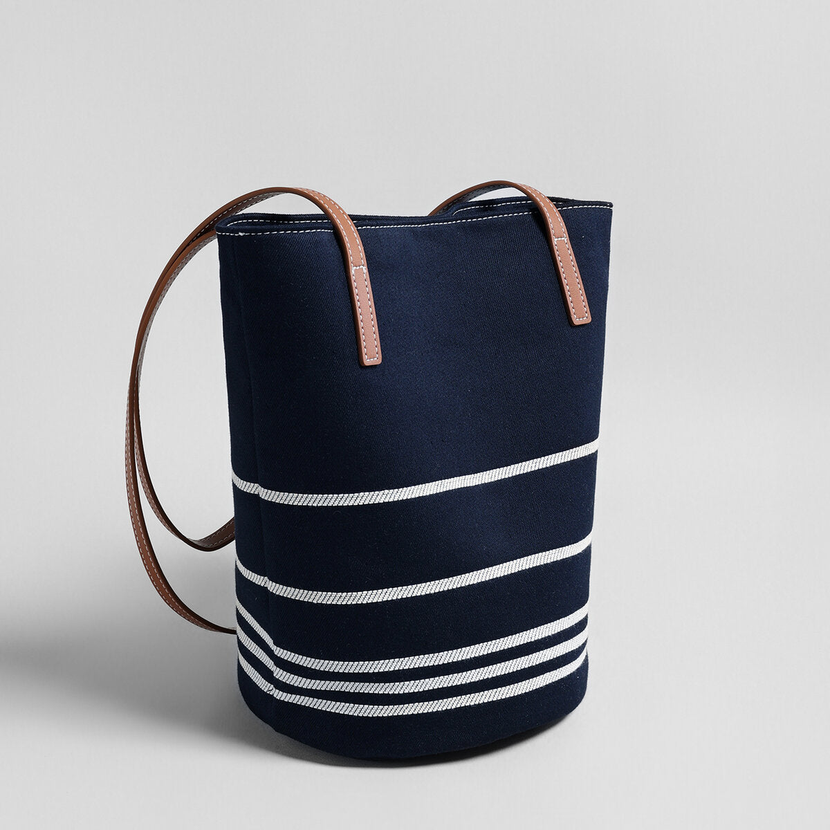 Navy Striped Canvas Bucket Tote – Nautical Shoulder Bag with Leather Straps