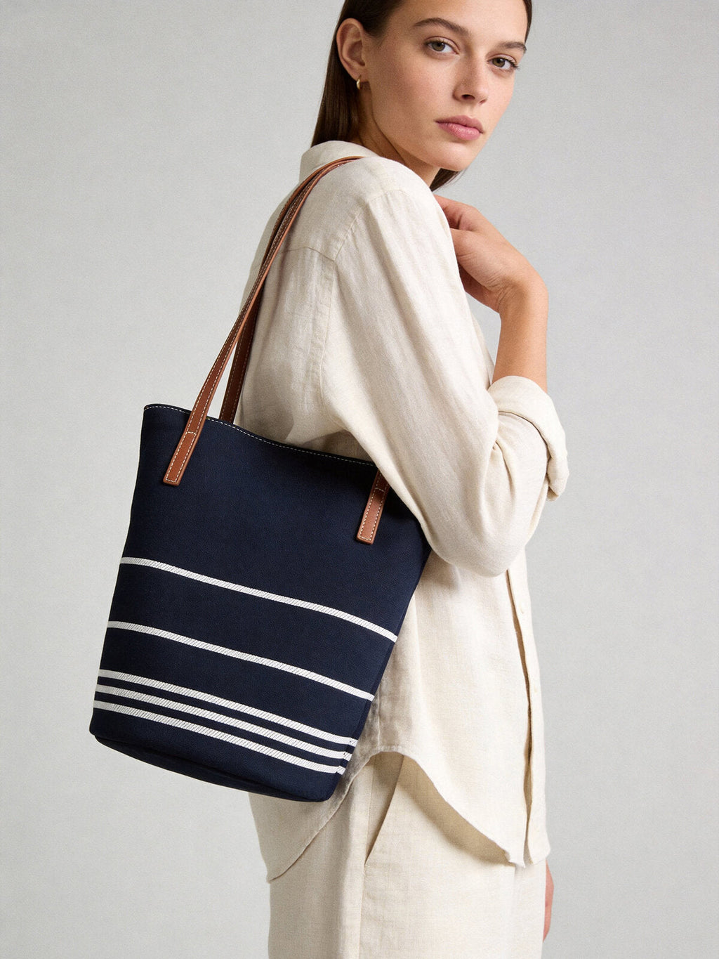 Navy Striped Canvas Bucket Tote – Nautical Shoulder Bag with Leather Straps