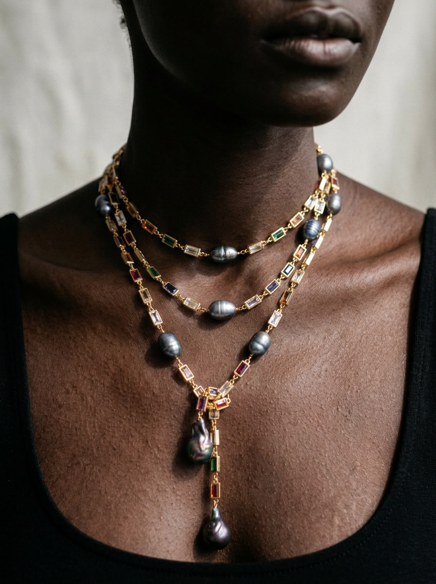 Radiant Gold Pearl Crystal Layered Necklace-6