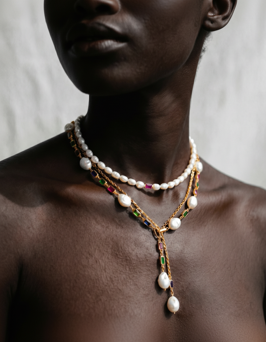 Radiant Gold Pearl Crystal Layered Necklace-0