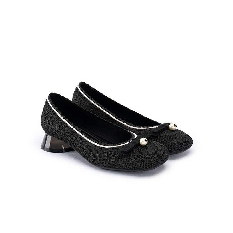 Pearl Bow Knit Square Toe Loafer Pumps – French Slip-On Work Shoes