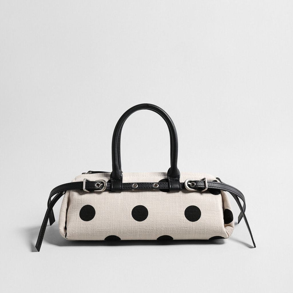 Polka Dot Canvas Barrel Bag – Cotton Linen Leather Trim Crossbody with Dual Straps