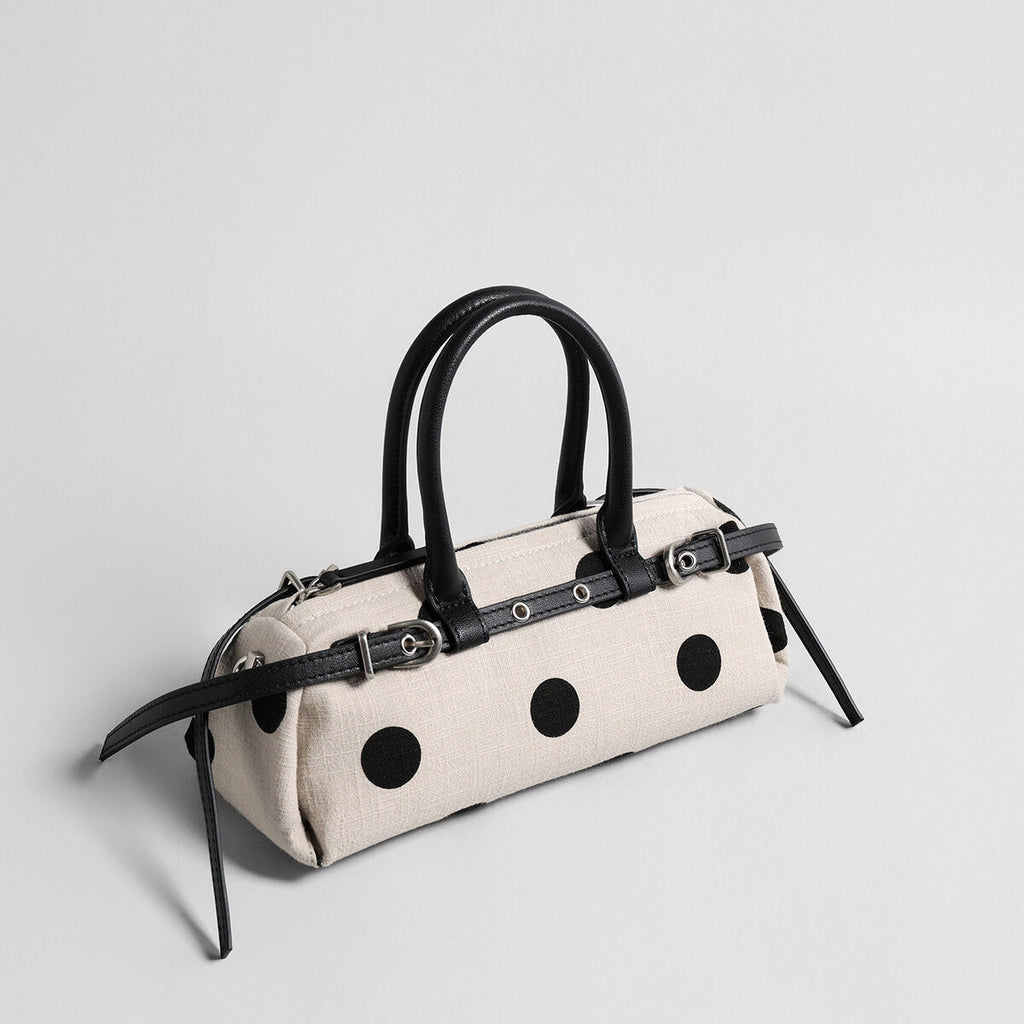 Polka Dot Canvas Barrel Bag – Cotton Linen Leather Trim Crossbody with Dual Straps
