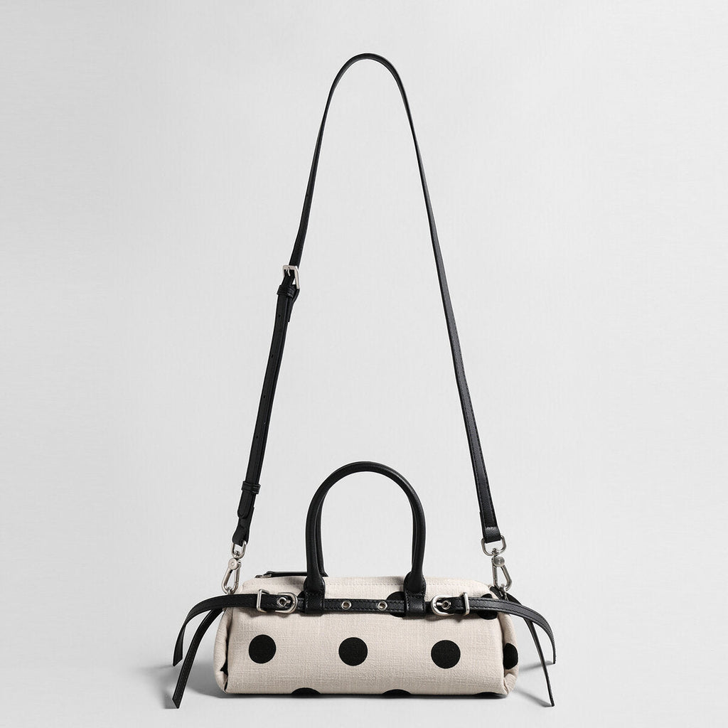 Polka Dot Canvas Barrel Bag – Cotton Linen Leather Trim Crossbody with Dual Straps