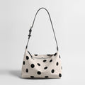 Polka Dot Canvas Hobo Bag – Cotton Linen Leather Trim Shoulder Bag with Adjustable Strap
