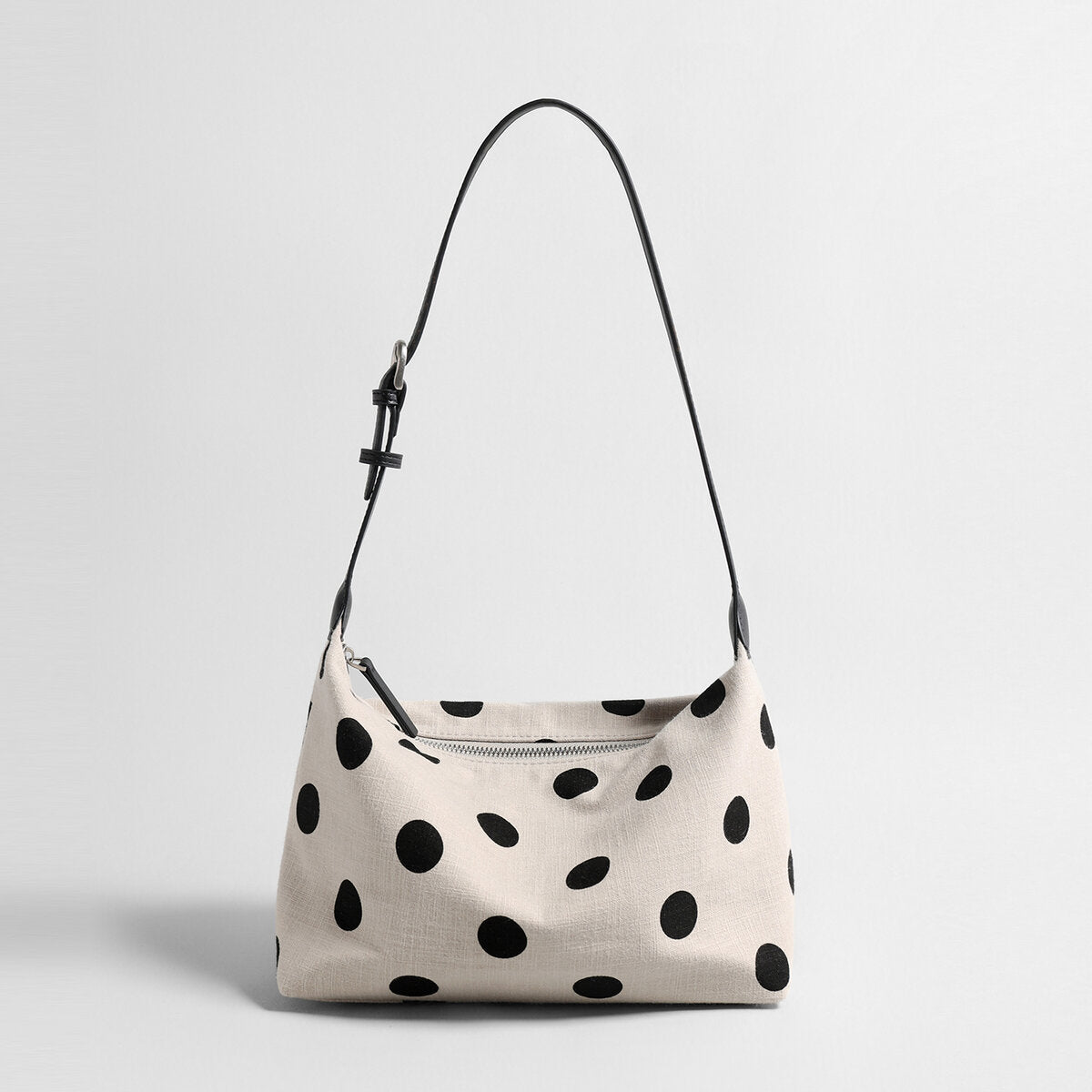 Polka Dot Canvas Hobo Bag – Cotton Linen Leather Trim Shoulder Bag with Adjustable Strap