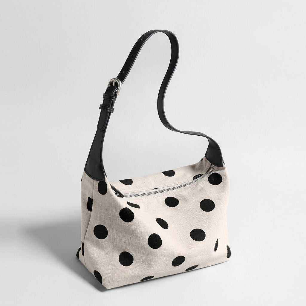 Polka Dot Canvas Hobo Bag – Cotton Linen Leather Trim Shoulder Bag with Adjustable Strap