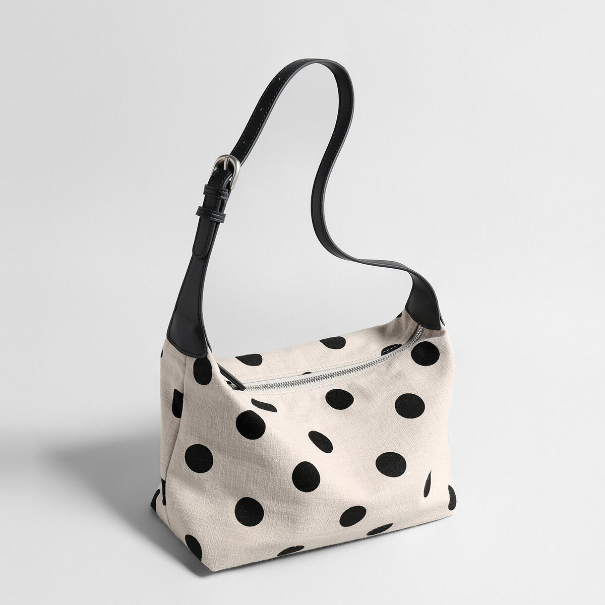 Polka Dot Canvas Hobo Bag – Cotton Linen Leather Trim Shoulder Bag with Adjustable Strap