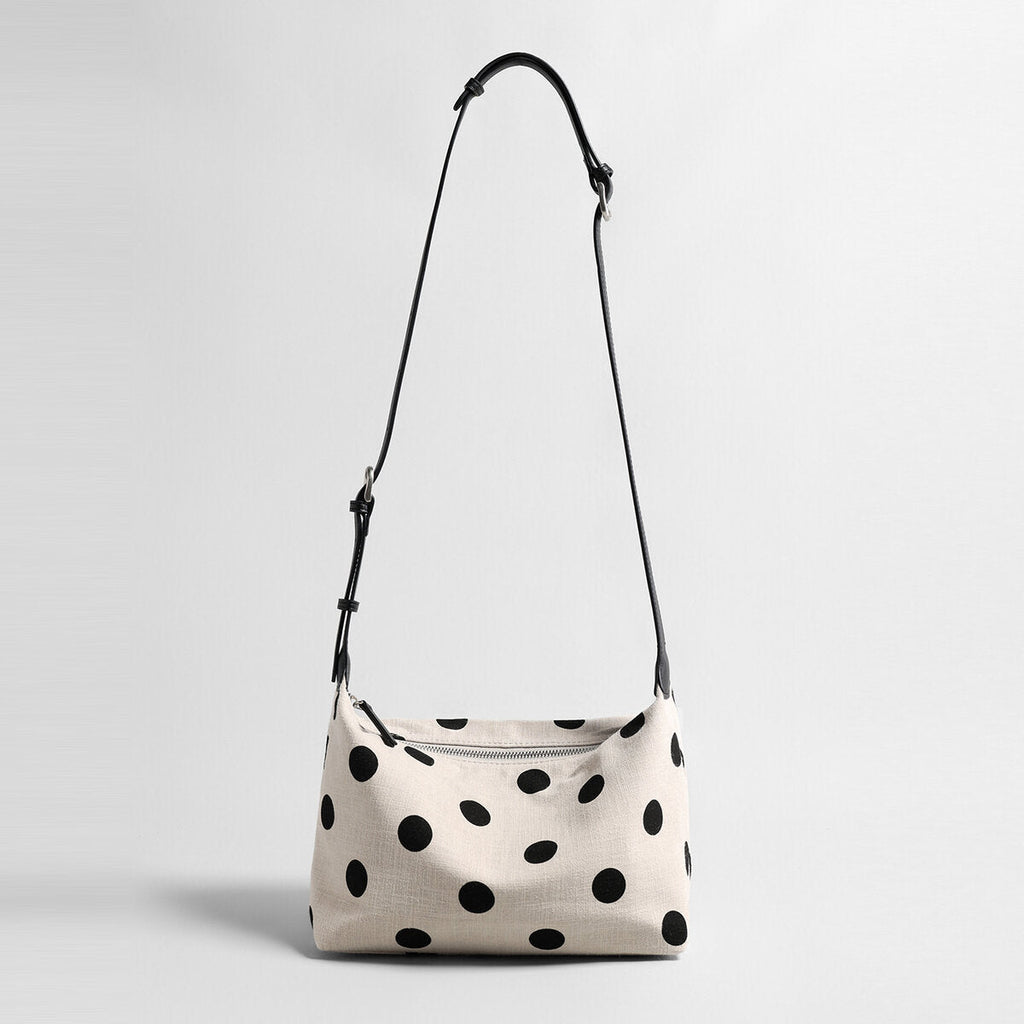 Polka Dot Canvas Hobo Bag – Cotton Linen Leather Trim Shoulder Bag with Adjustable Strap