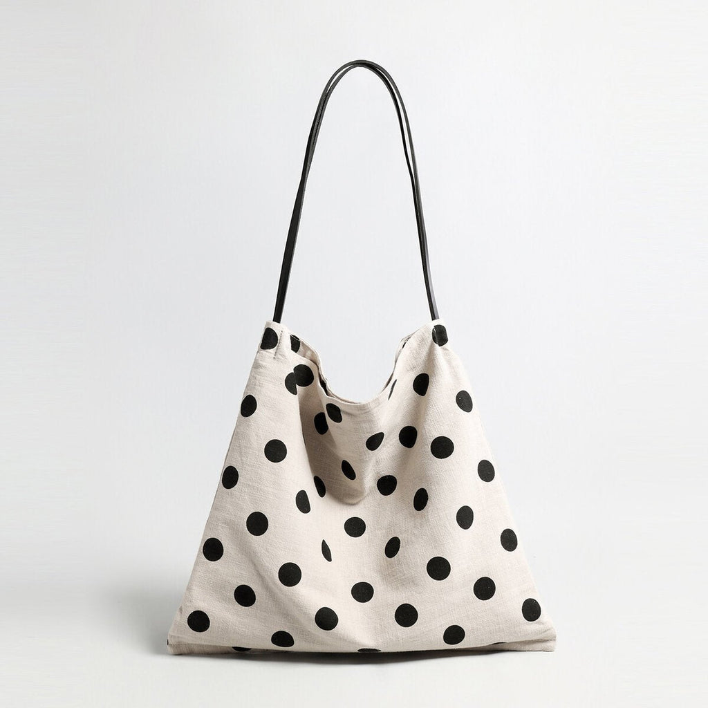Polka Dot Canvas Hobo Tote – Cotton Linen Slouchy Shoulder Bag with Leather Straps