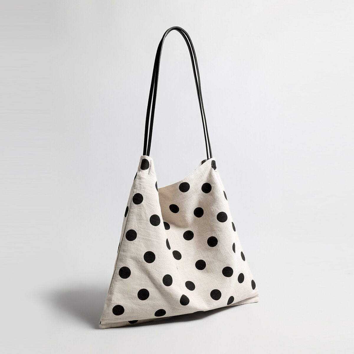 Polka Dot Canvas Hobo Tote – Cotton Linen Slouchy Shoulder Bag with Leather Straps