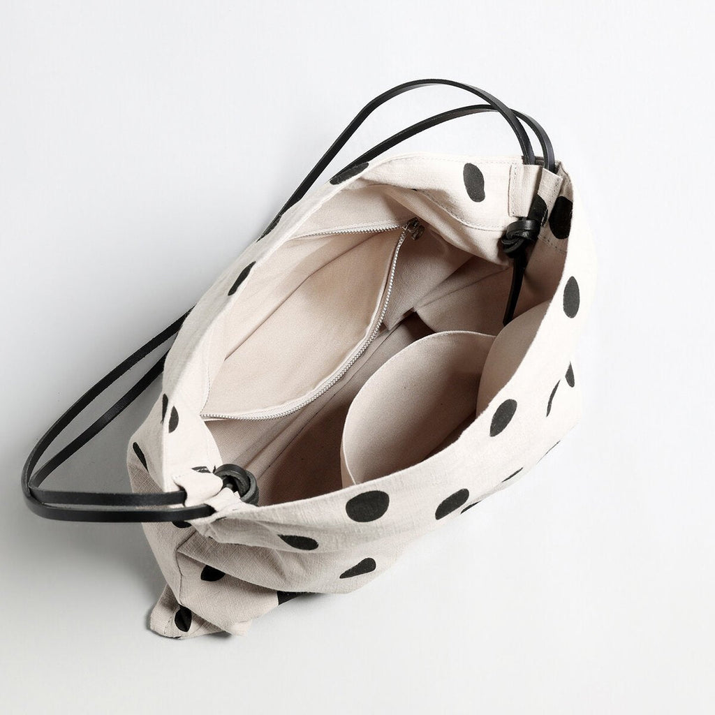 Polka Dot Canvas Hobo Tote – Cotton Linen Slouchy Shoulder Bag with Leather Straps