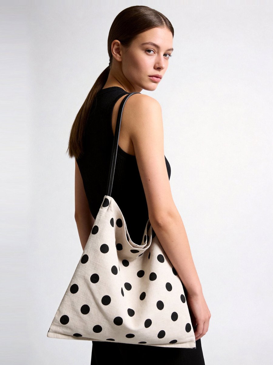 Polka Dot Canvas Hobo Tote – Cotton Linen Slouchy Shoulder Bag with Leather Straps