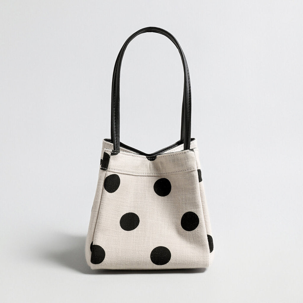 Polka Dot Canvas Mini Bucket Bag – Cotton Linen Crossbody Shoulder Bag with Dual Straps