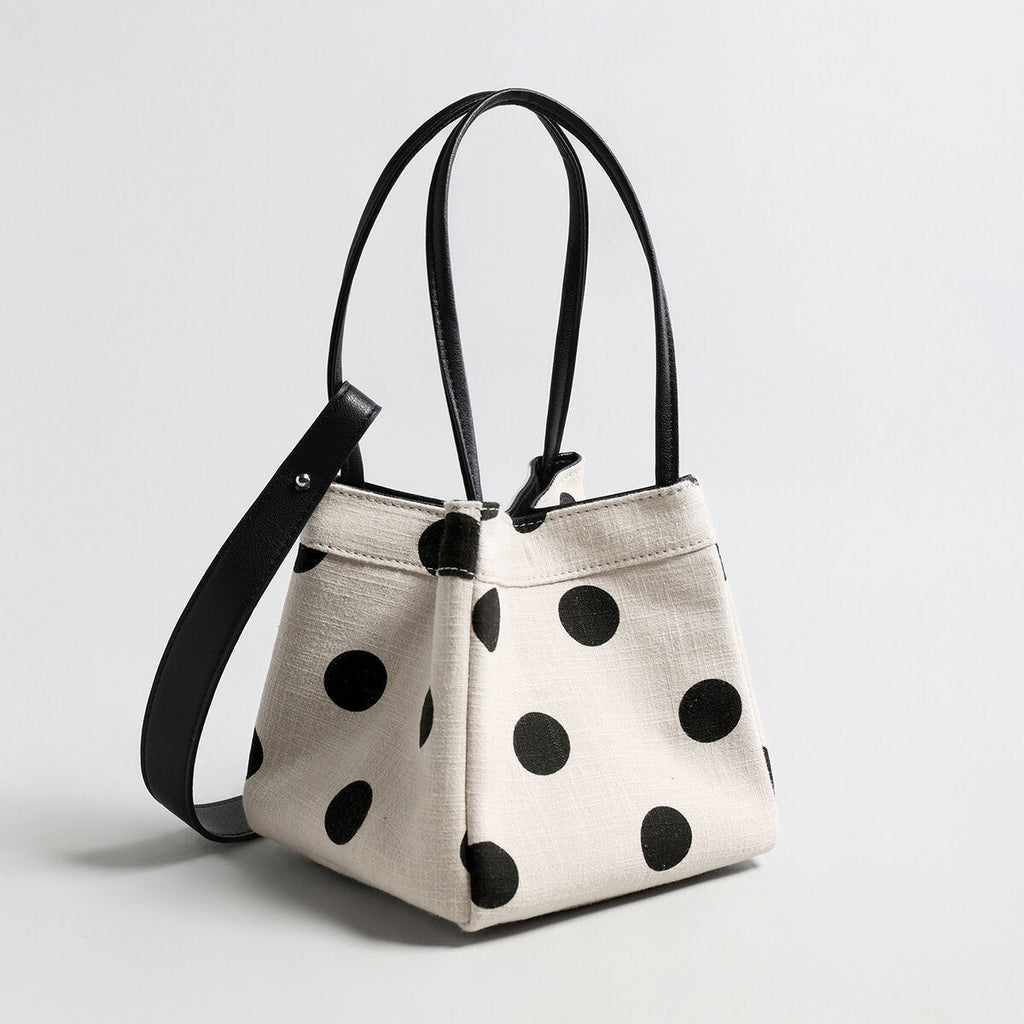 Polka Dot Canvas Mini Bucket Bag – Cotton Linen Crossbody Shoulder Bag with Dual Straps