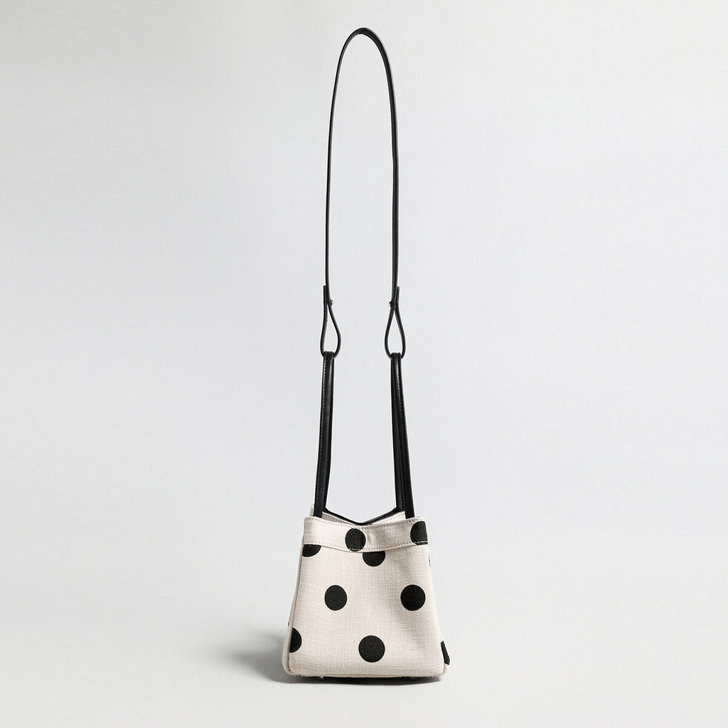 Polka Dot Canvas Mini Bucket Bag – Cotton Linen Crossbody Shoulder Bag with Dual Straps