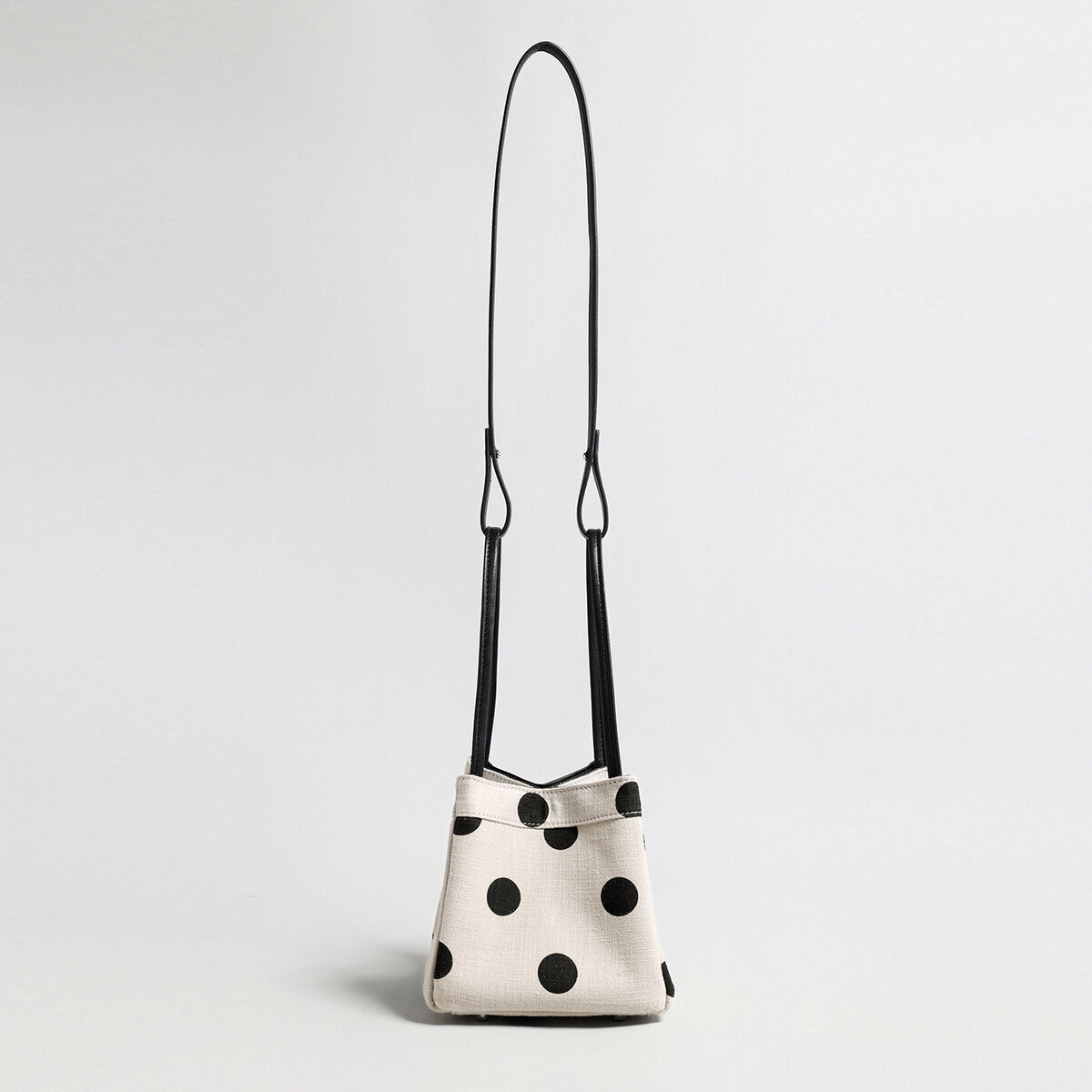 Polka Dot Canvas Mini Bucket Bag – Cotton Linen Crossbody Shoulder Bag with Dual Straps