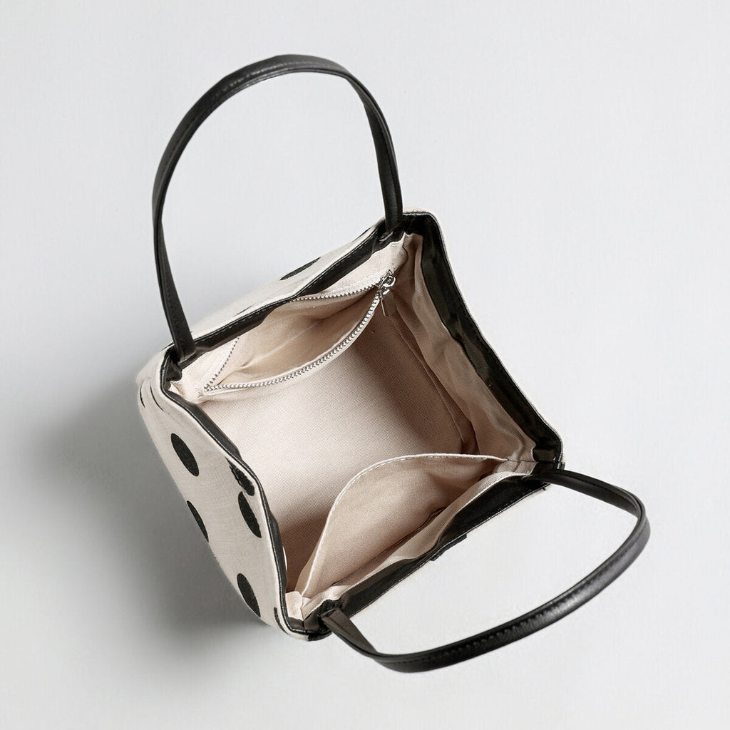 Polka Dot Canvas Mini Bucket Bag – Cotton Linen Crossbody Shoulder Bag with Dual Straps