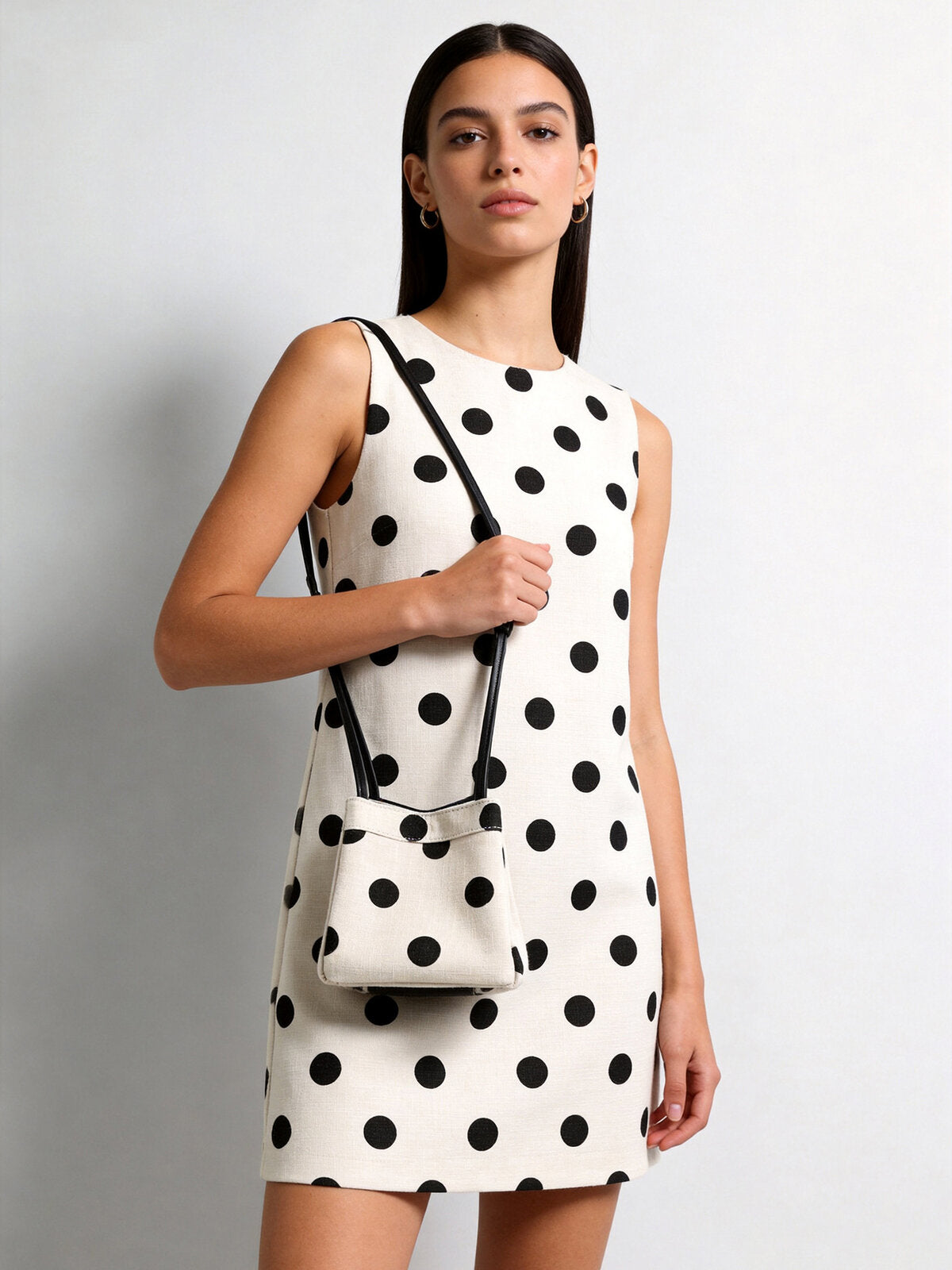 Polka Dot Canvas Mini Bucket Bag – Cotton Linen Crossbody Shoulder Bag with Dual Straps