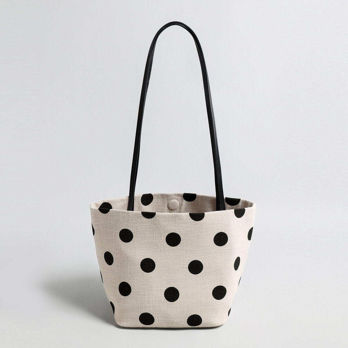 Polka Dot Canvas Tote – Cotton Linen Shoulder Bag with Leather Straps