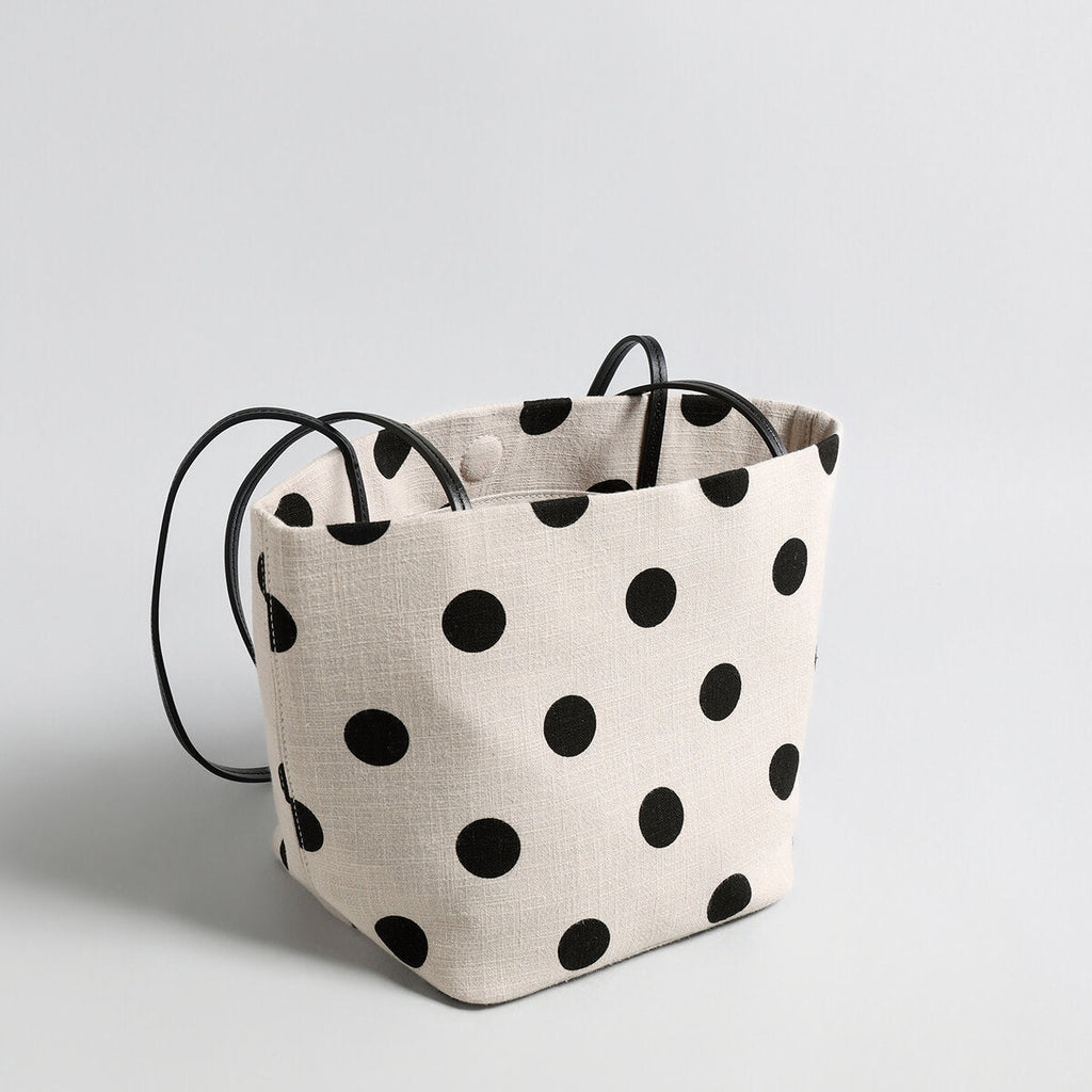Polka Dot Canvas Tote – Cotton Linen Shoulder Bag with Leather Straps