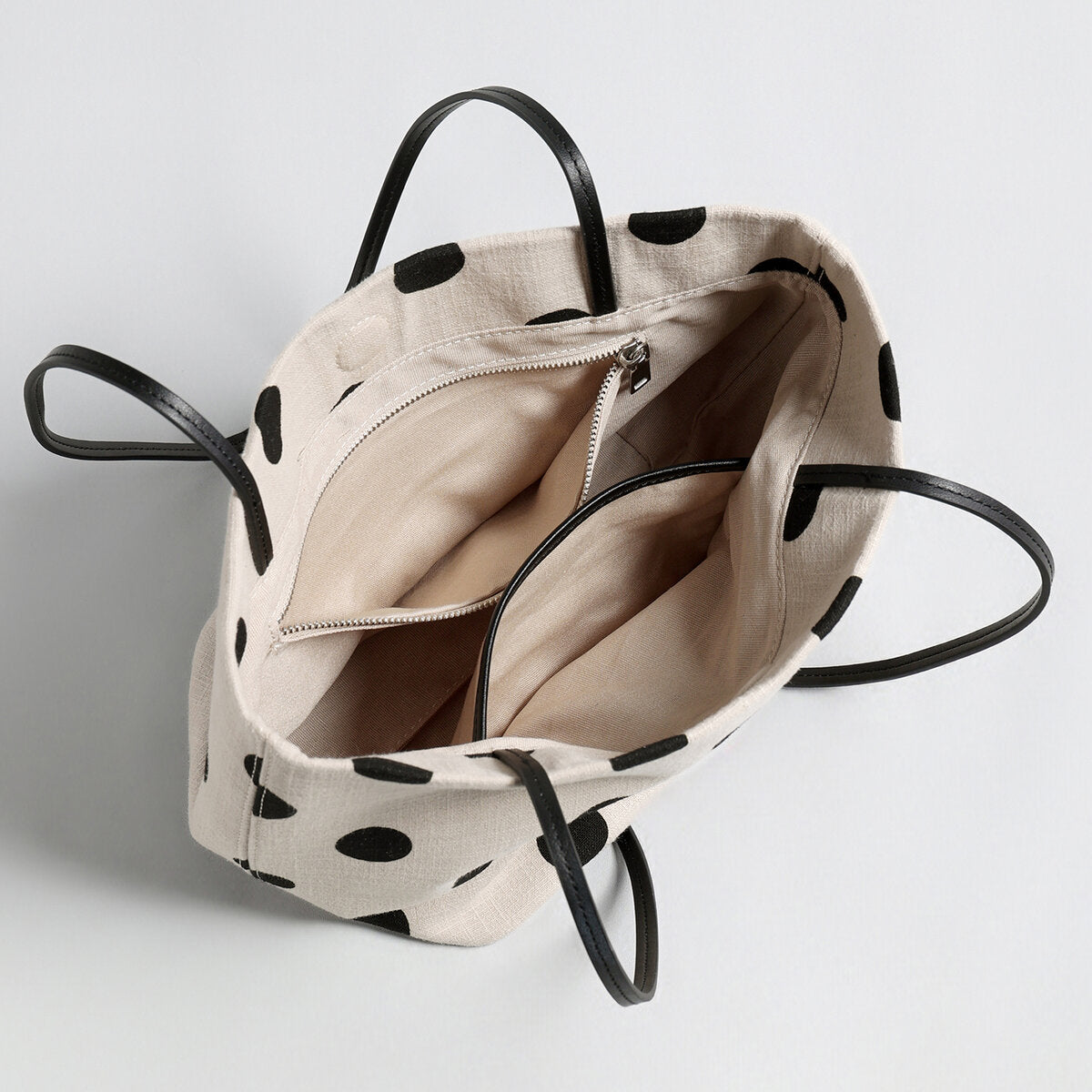 Polka Dot Canvas Tote – Cotton Linen Shoulder Bag with Leather Straps
