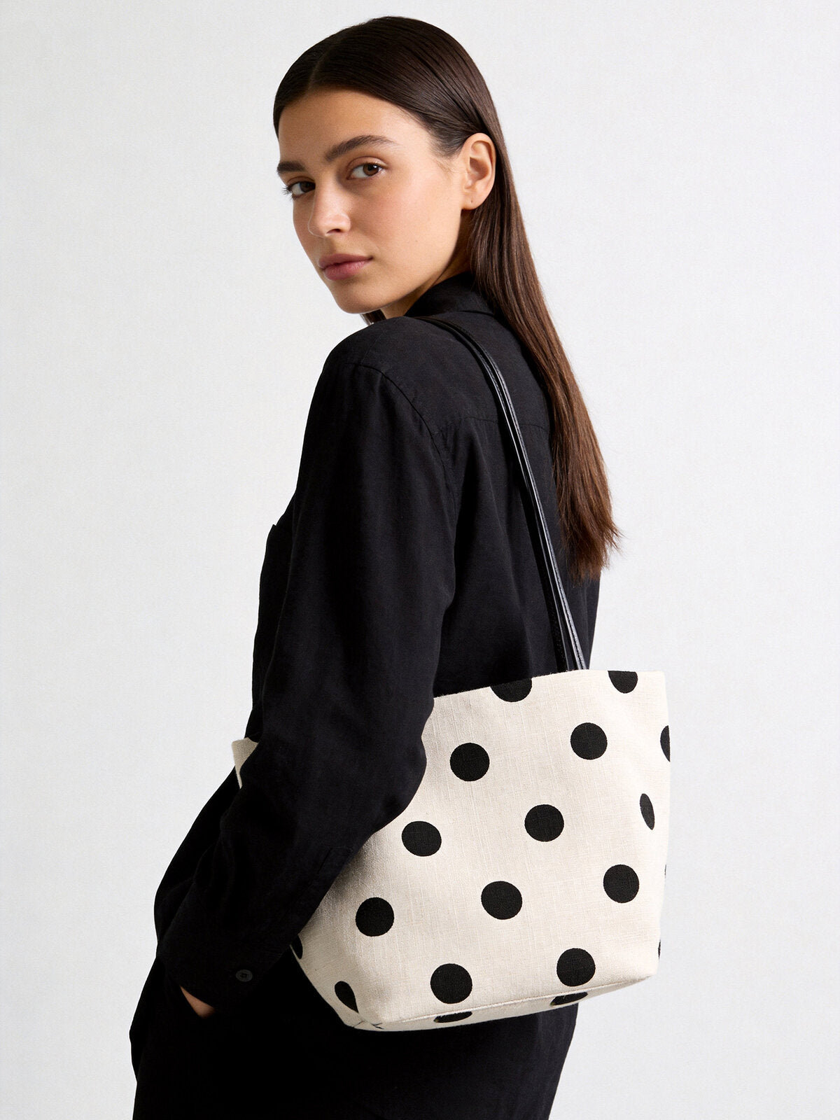 Polka Dot Canvas Tote – Cotton Linen Shoulder Bag with Leather Straps