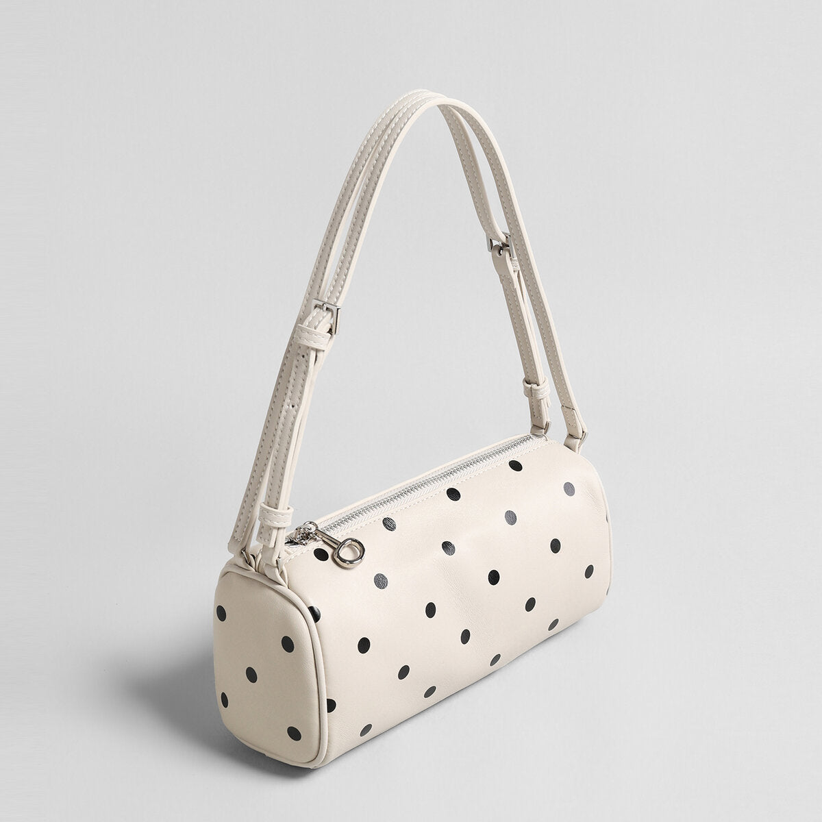 Polka Dot Cylinder Pillow Bag – Sheepskin Barrel Shoulder Bag with Adjustable Strap