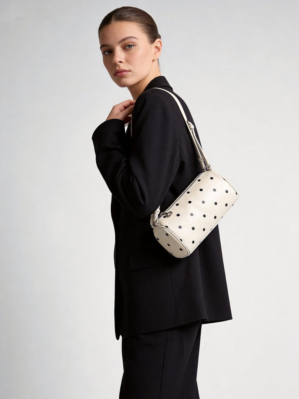 Polka Dot Cylinder Pillow Bag – Sheepskin Barrel Shoulder Bag with Adjustable Strap