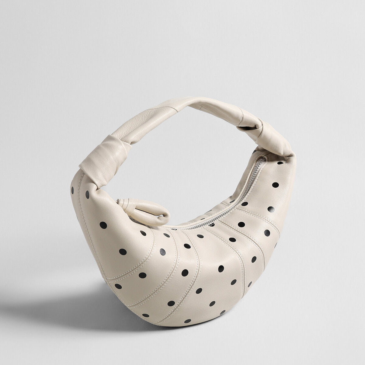 Polka Dot Dumpling Bag – First-Layer Sheepskin Crescent Shoulder Bag with Knotted Handle