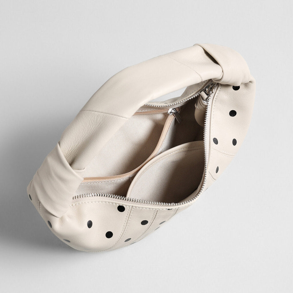 Polka Dot Dumpling Bag – First-Layer Sheepskin Crescent Shoulder Bag with Knotted Handle