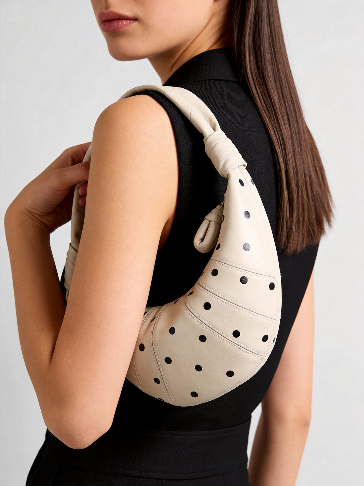Polka Dot Dumpling Bag – First-Layer Sheepskin Crescent Shoulder Bag with Knotted Handle