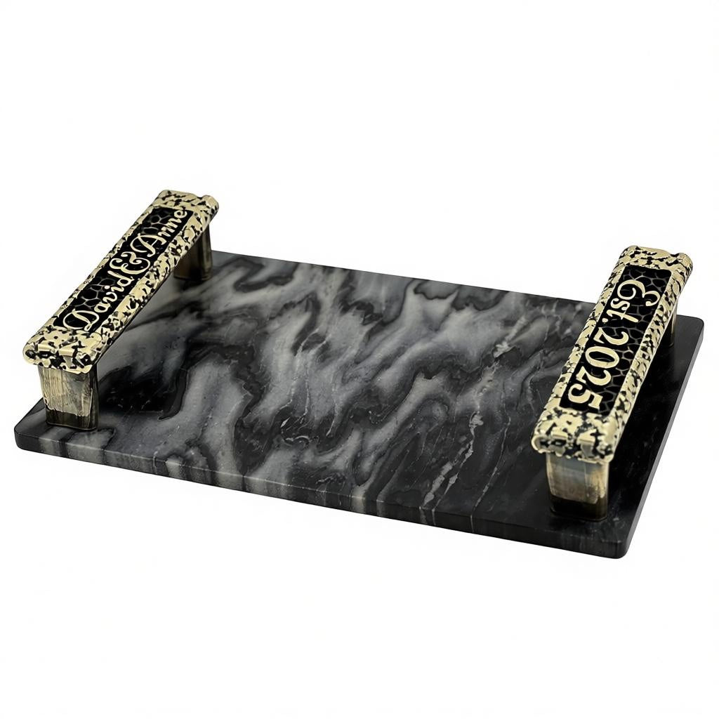 Personalized Black Marble Serving Tray | Custom Engraved Handles with Antique Finish