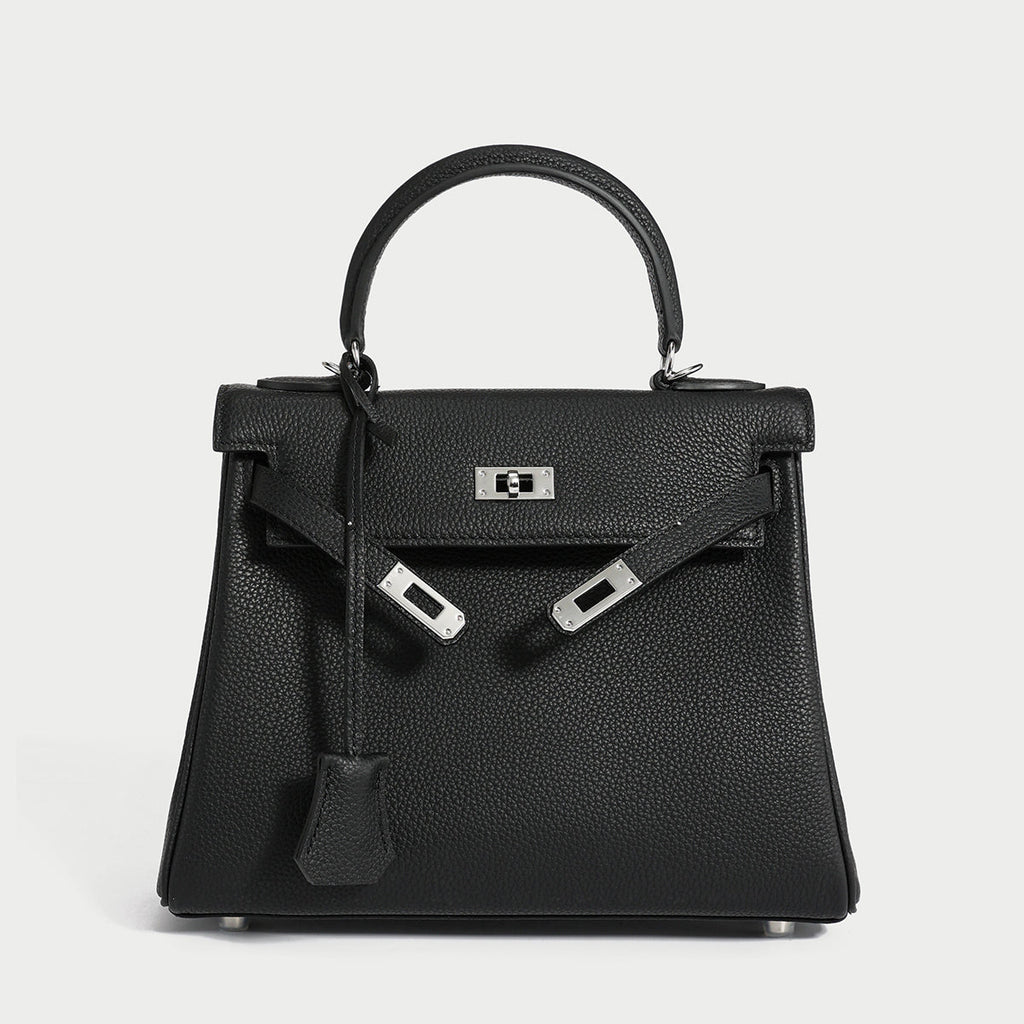Queens Mini Top Handle Palm-Grain Calfskin Bag – Structured Leather Satchel with Turn-Lock Closure