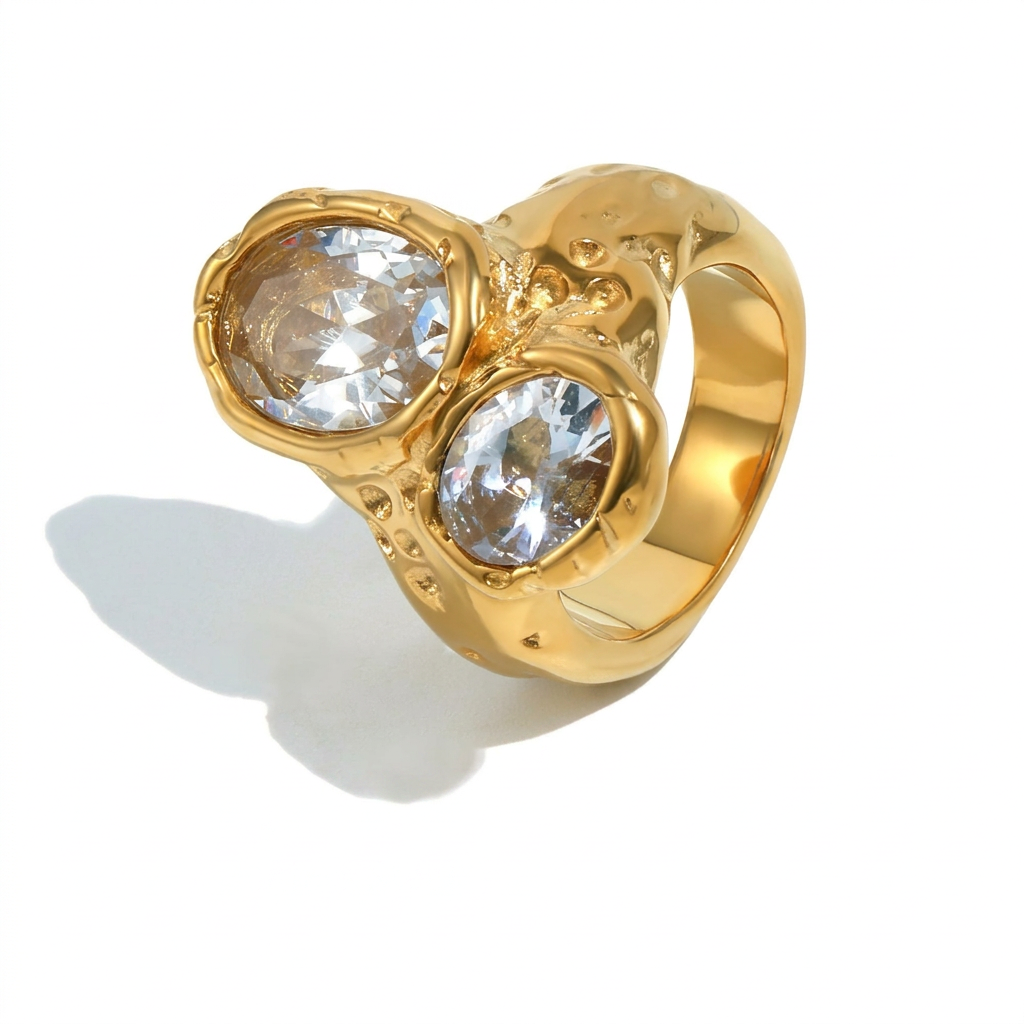 Golden Gold-Plated Zircon Statement Ring-3