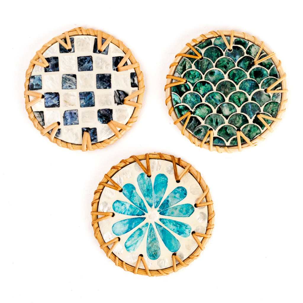 Handmade Natural Rattan & Mother of Pearl Coaster Set (6 Piece + Holder) • Ripple