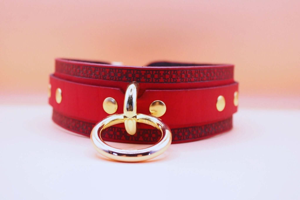 Red Bondage BDSM Collar With Golden Ring For Play