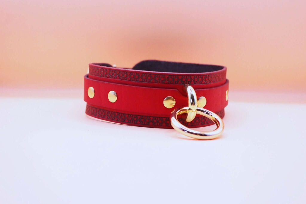 Red Bondage BDSM Collar With Golden Ring For Play