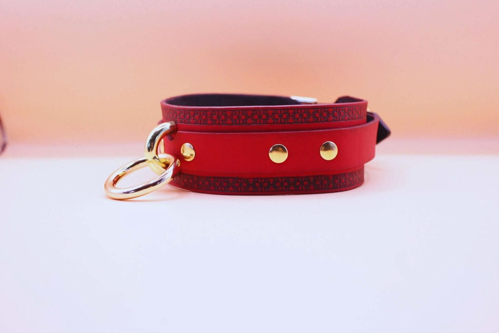 Red Bondage BDSM Collar With Golden Ring For Play