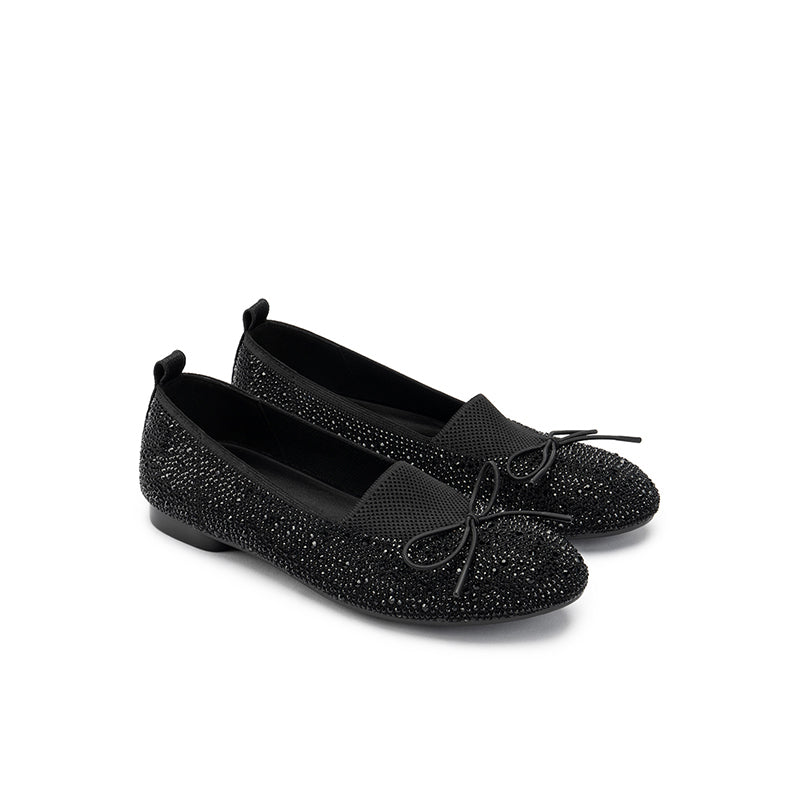 Rhinestone Bow Knit Round Toe Ballet Flats – Sparkling Princess Slip-Ons