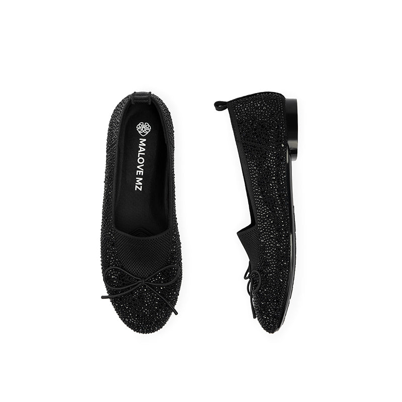 Rhinestone Bow Knit Round Toe Ballet Flats – Sparkling Princess Slip-Ons