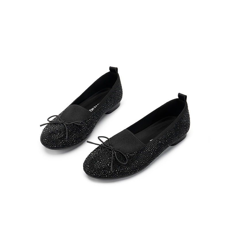 Rhinestone Bow Knit Round Toe Ballet Flats – Sparkling Princess Slip-Ons