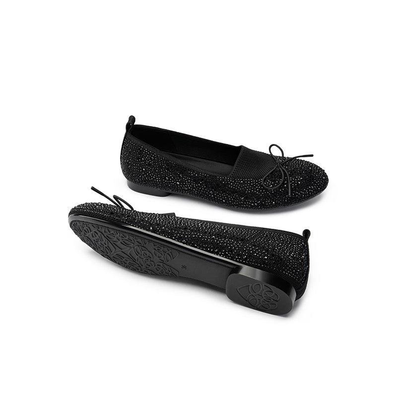 Rhinestone Bow Knit Round Toe Ballet Flats – Sparkling Princess Slip-Ons