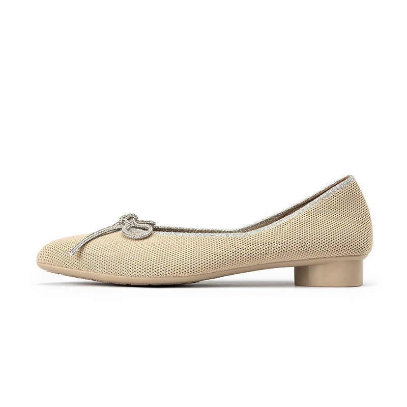 Rhinestone Bow Ballet Flats – Pointed Toe Knit Low Heel Shoes
