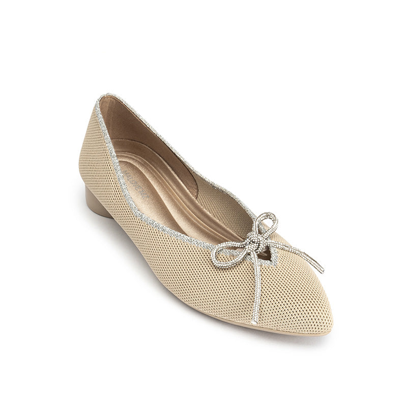 Rhinestone Bow Ballet Flats – Pointed Toe Knit Low Heel Shoes