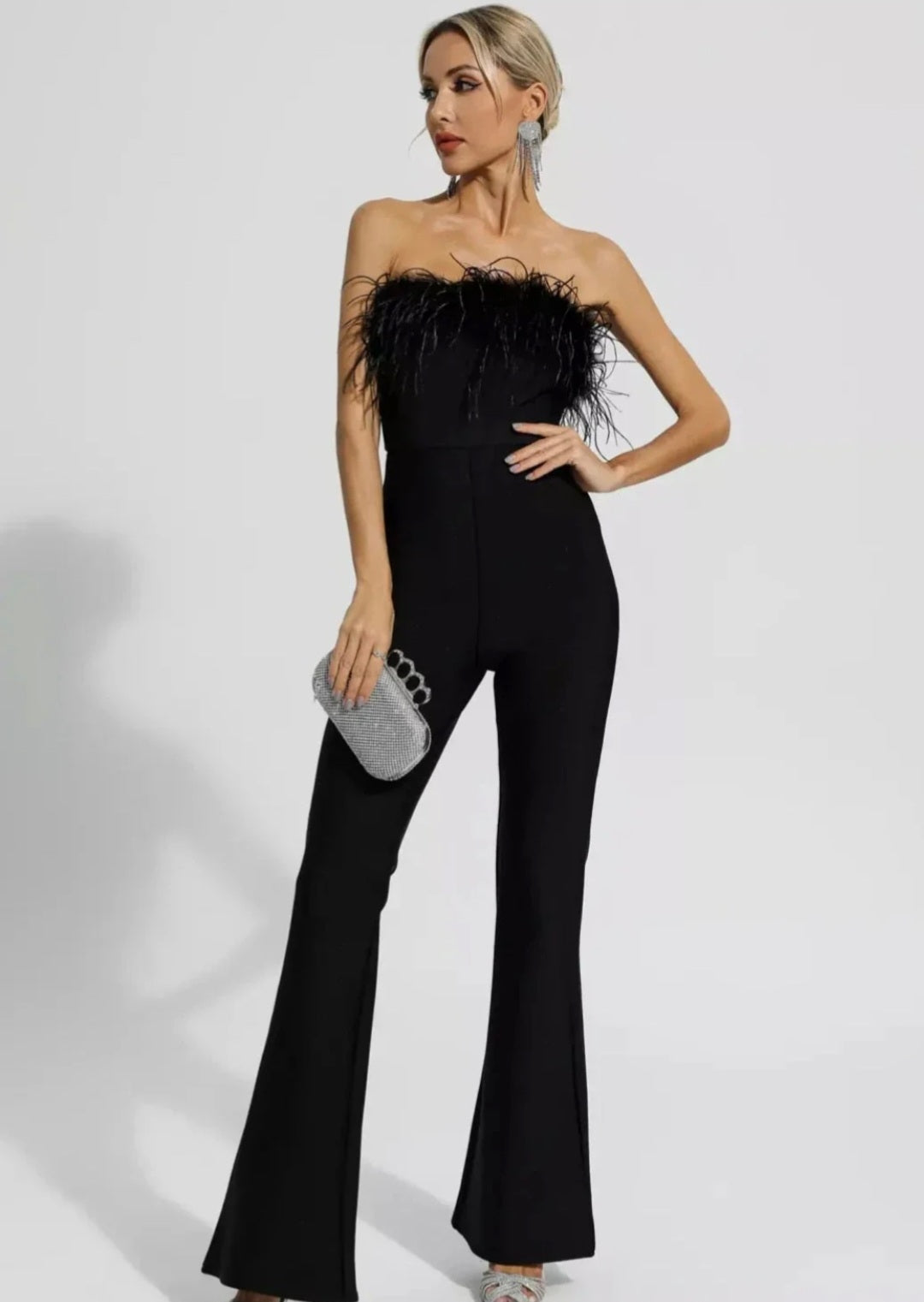Black Jumpsuit with Ostrich Feathers | Tube Jumpsuit | Feather Jumpsuit | Summer Clothing