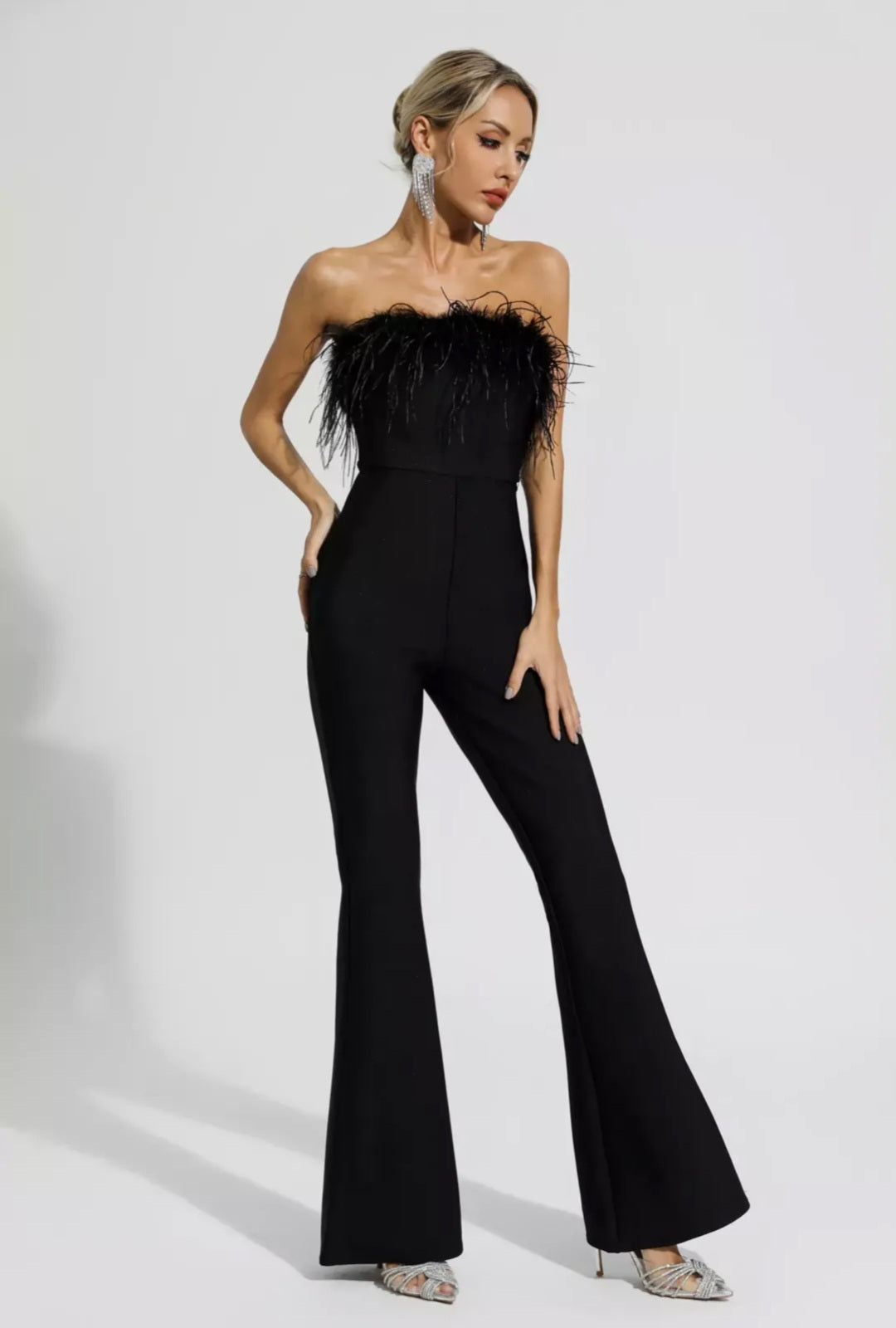 Black Jumpsuit with Ostrich Feathers | Tube Jumpsuit | Feather Jumpsuit | Summer Clothing