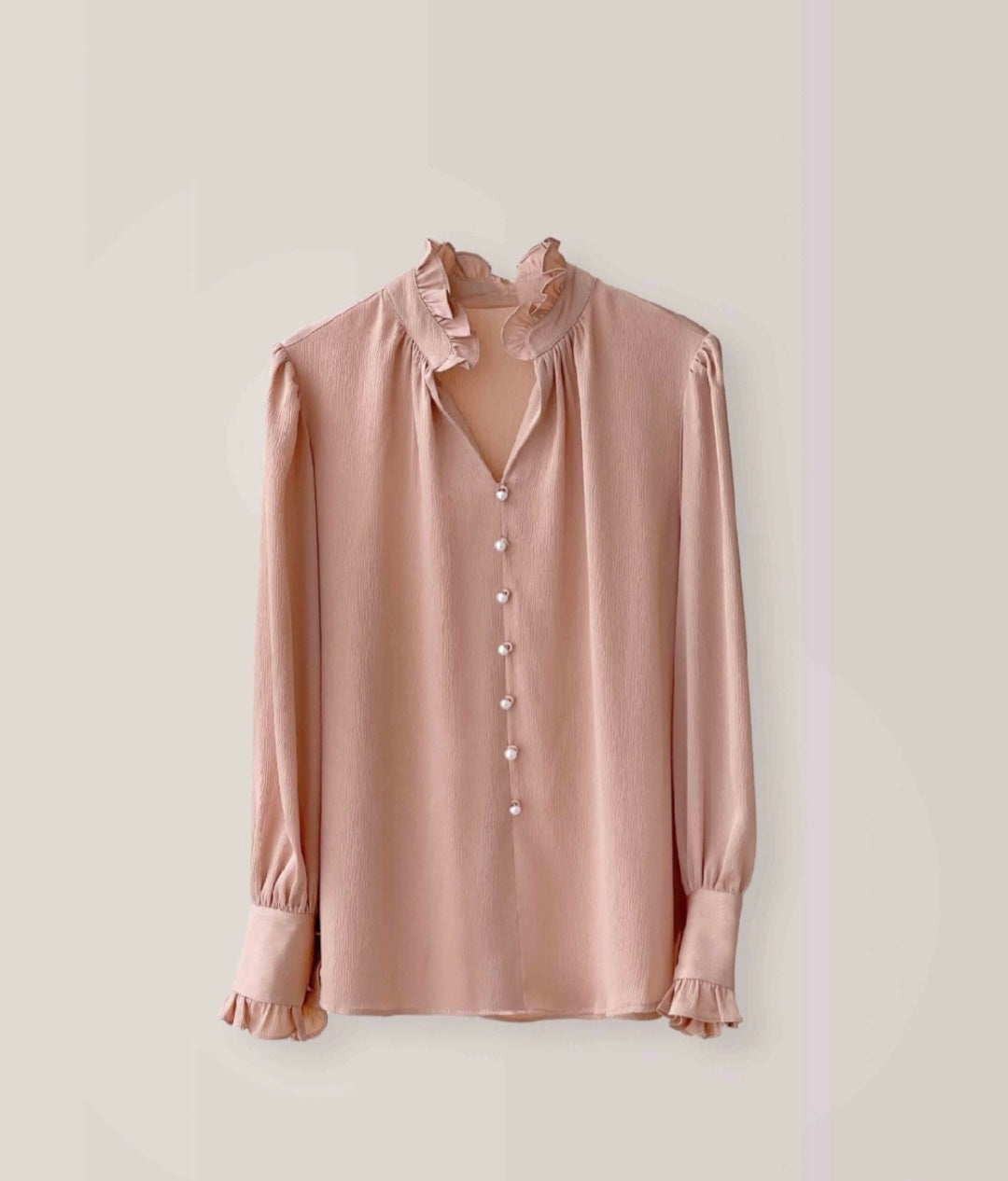Frilled Chiffon Long Sleeve Top with Pearl Buttons